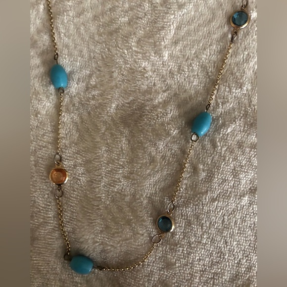 Stunning long layered beaded pendant, blues, peach, gold coloured chain - Picture 5 of 5
